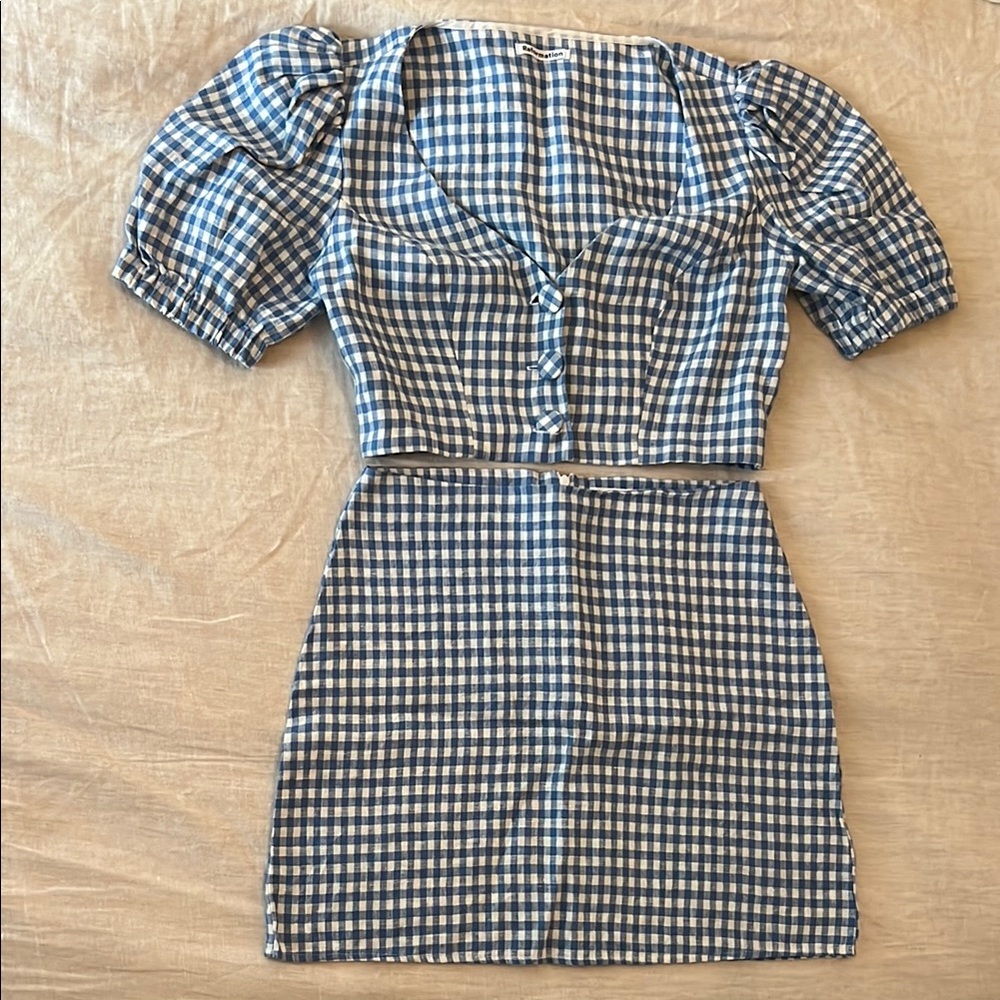 Reformation White and Blue Ethel Linen Two Piece Set